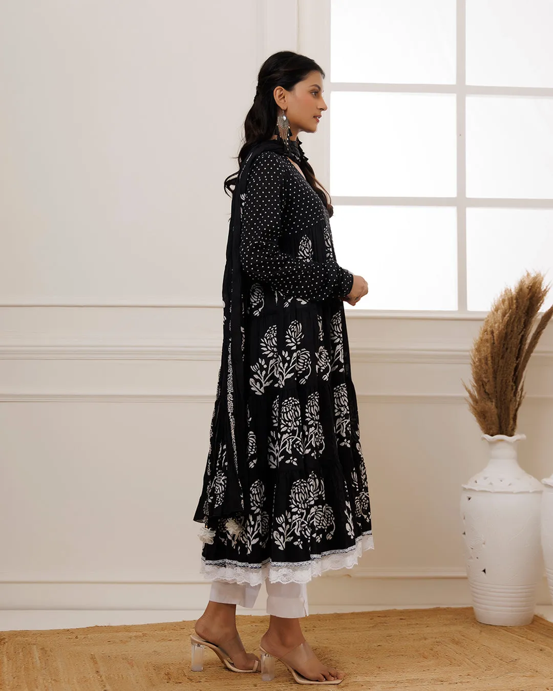 Qala Black Hand Block Printed Anarkali Suit Set