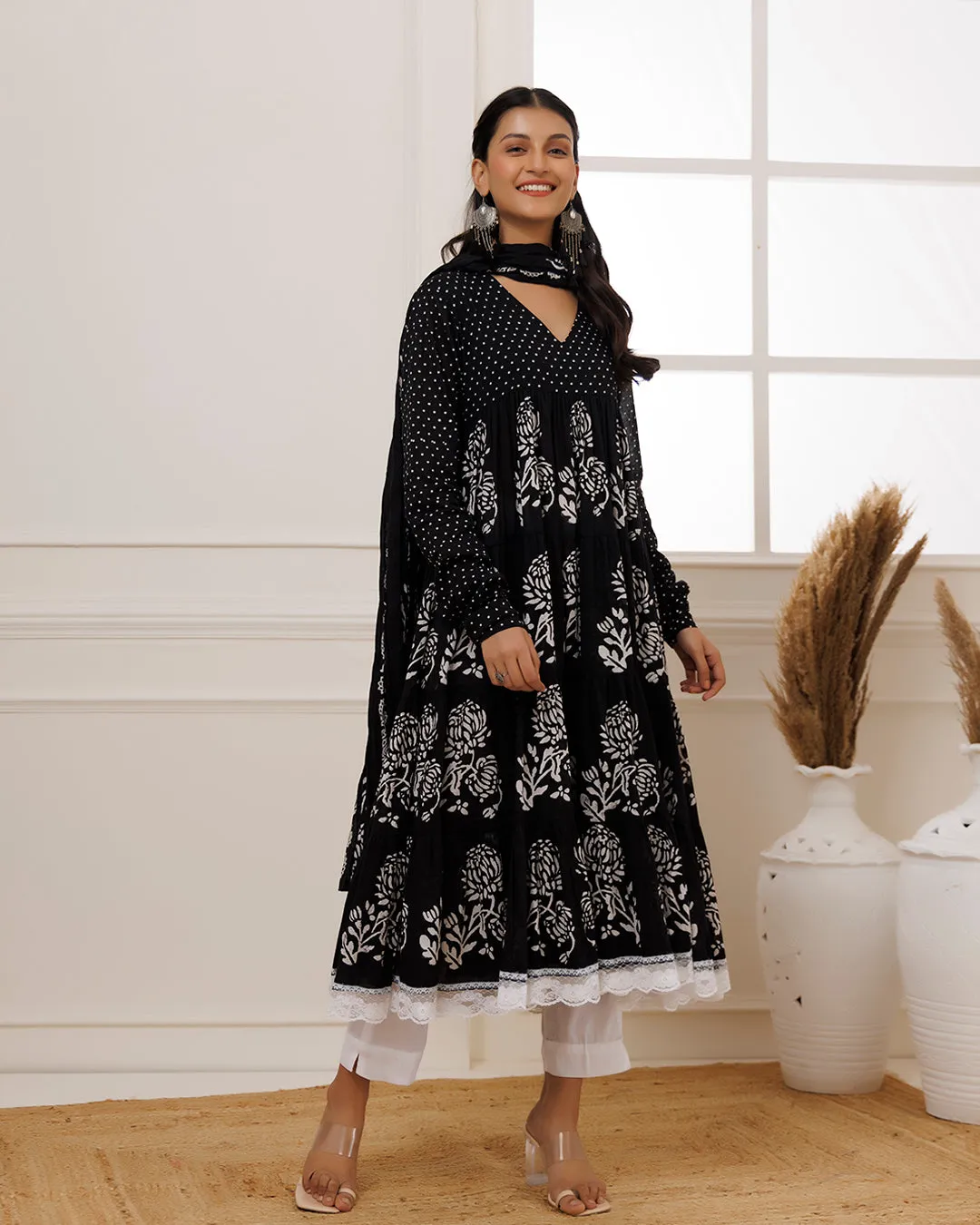 Qala Black Hand Block Printed Anarkali Suit Set