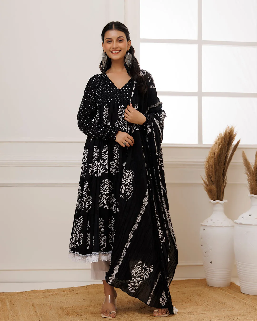 Qala Black Hand Block Printed Anarkali Suit Set