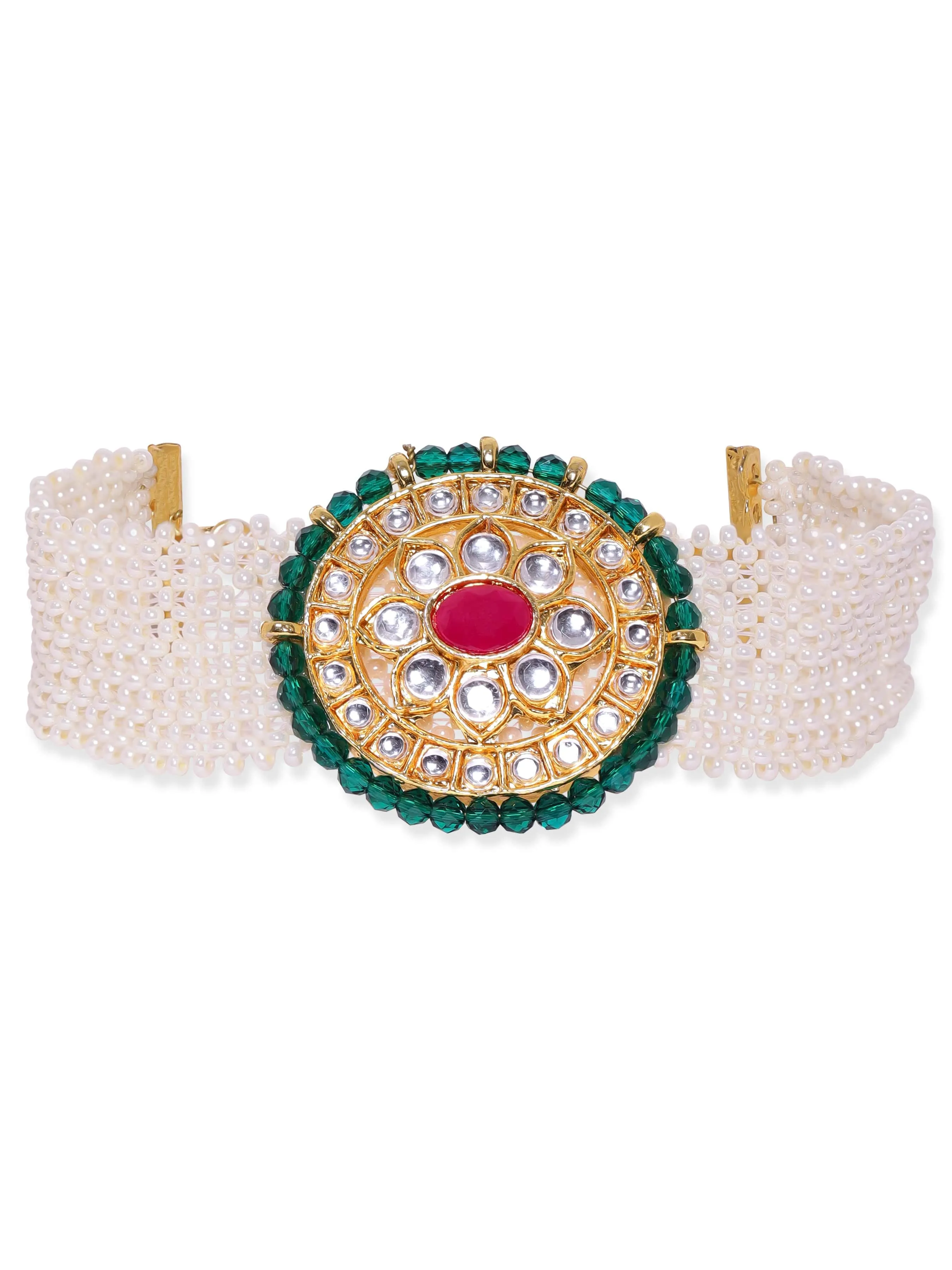 Rubans 22K Gold Plated Kundan Studded Green Crystal & Pearl braid beaded Handcrafted Bracelet