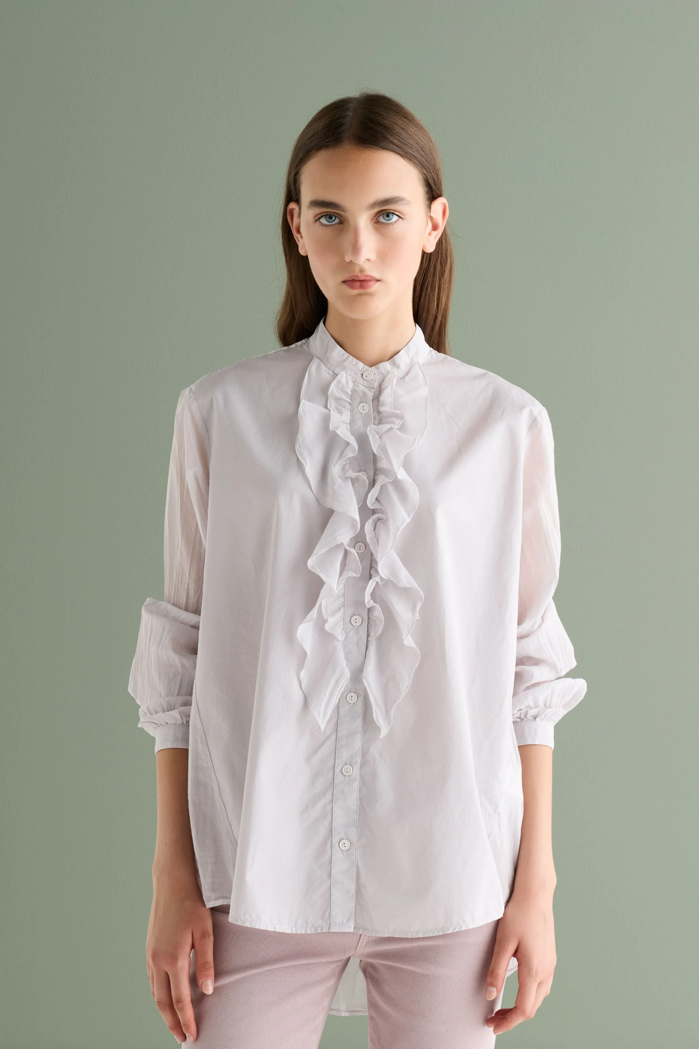 Short Sleeve Poplin Shirt with Ruffles Garment Dyed 67F0 3183