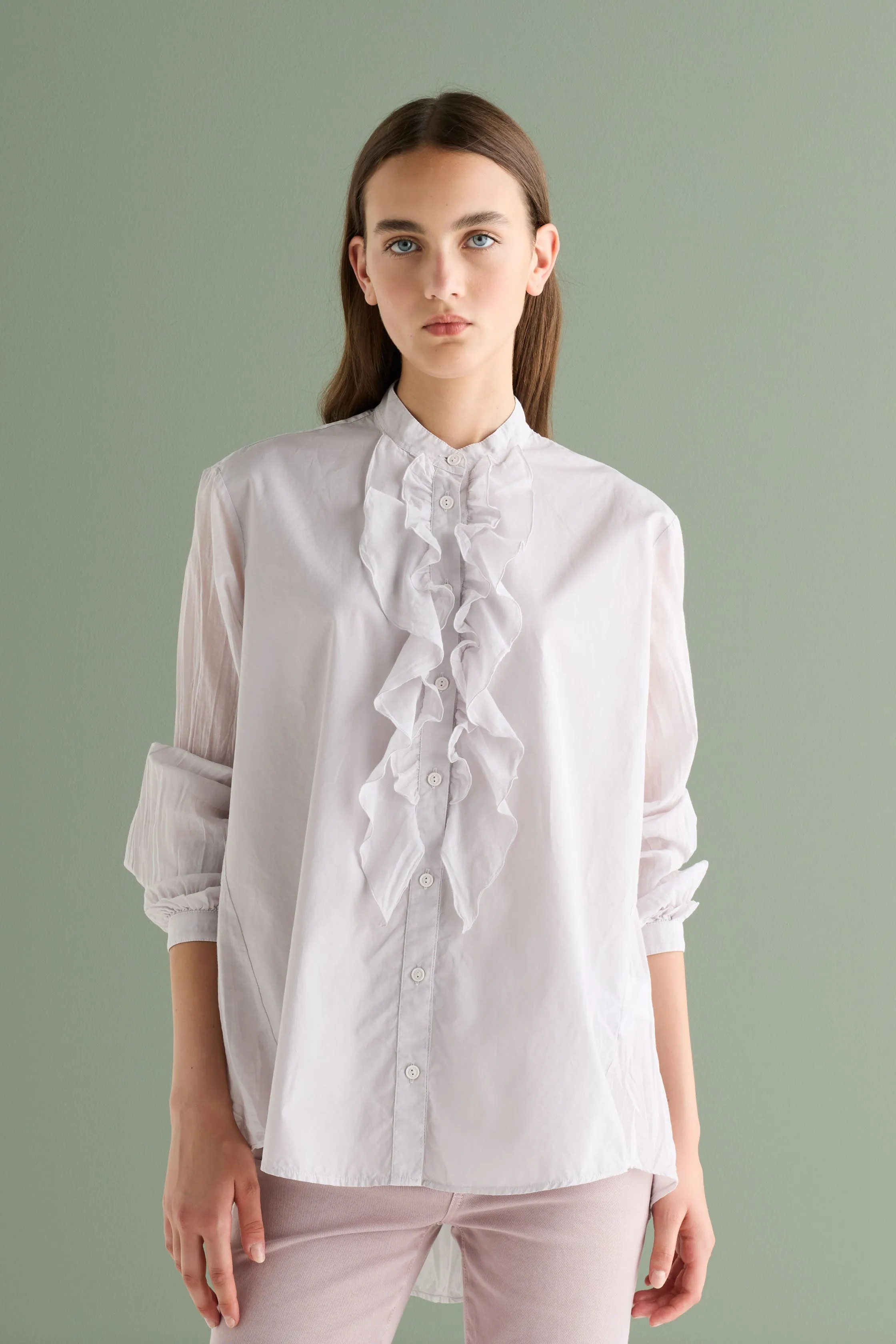 Short Sleeve Poplin Shirt with Ruffles Garment Dyed 67F0 3183