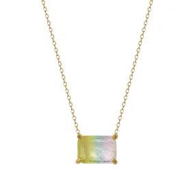 Silver gold plated rectangle blue/pink/yellow ombre stone necklace