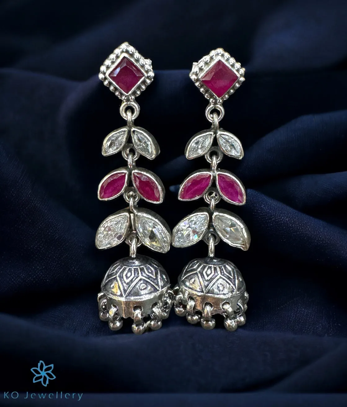 The Jenika Silver Jhumkas (Red/White)