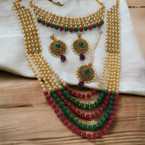 Traditional Long Moti Mala Bridal Set Combo