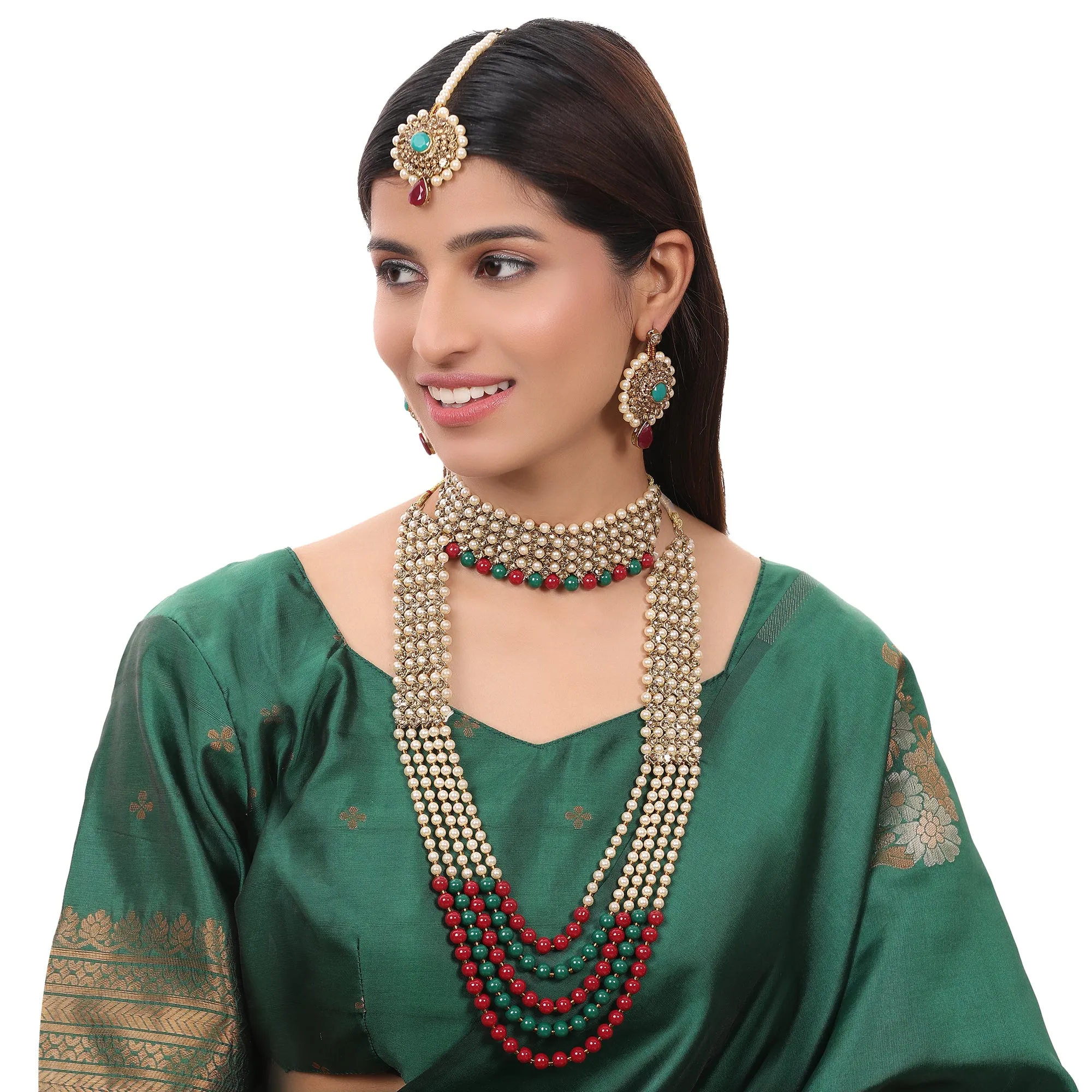 Traditional Long Moti Mala Bridal Set Combo