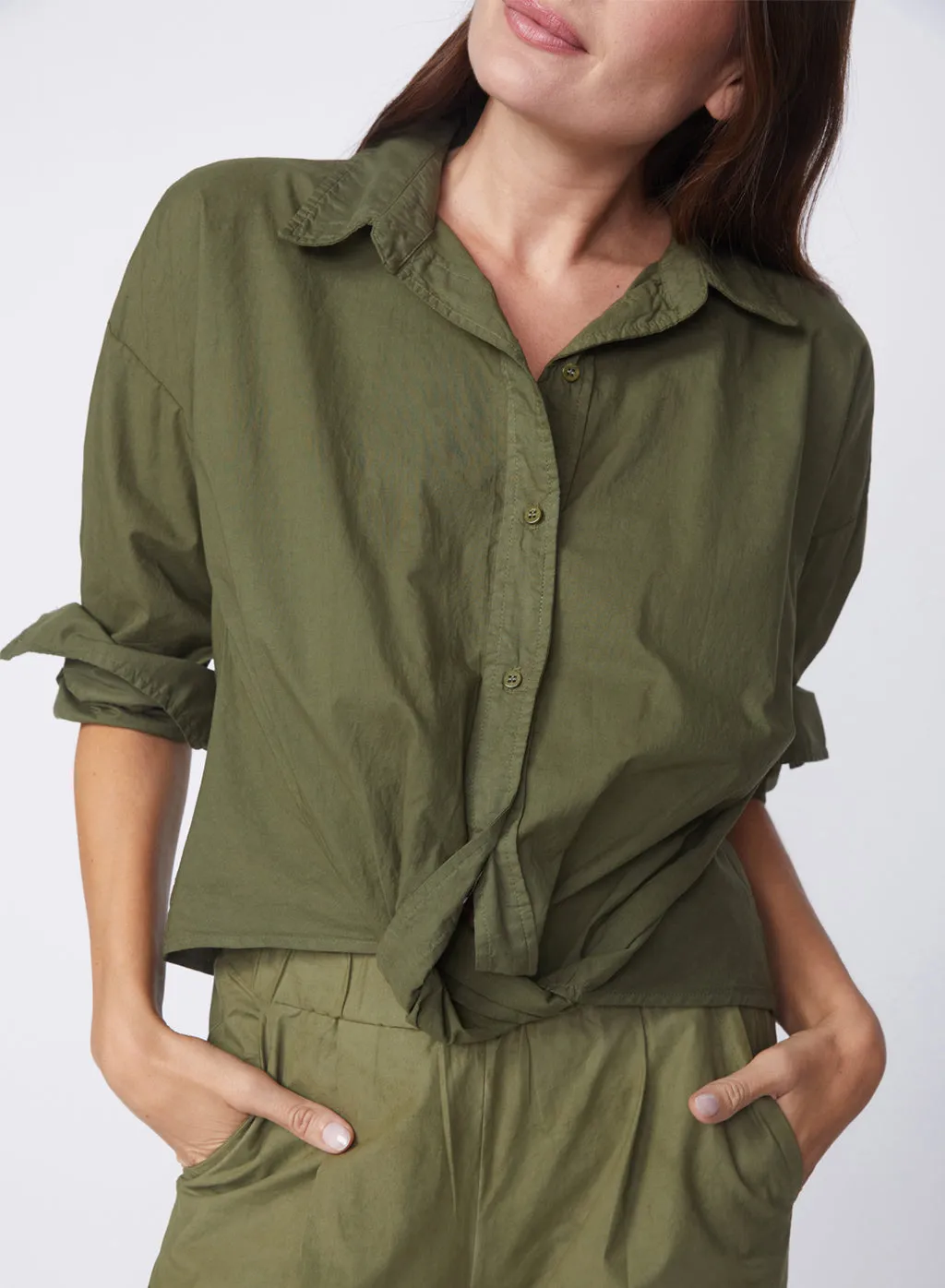 Voile Long Sleeve Front Twist Shirt in Seaweed