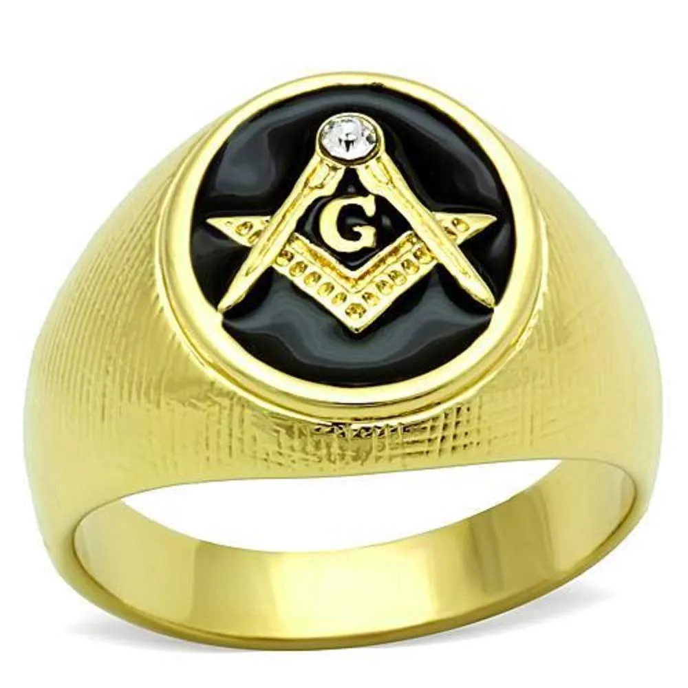 WildKlass Stainless Steel Masonic Ring IP Gold Men Top Grade Crystal Clear