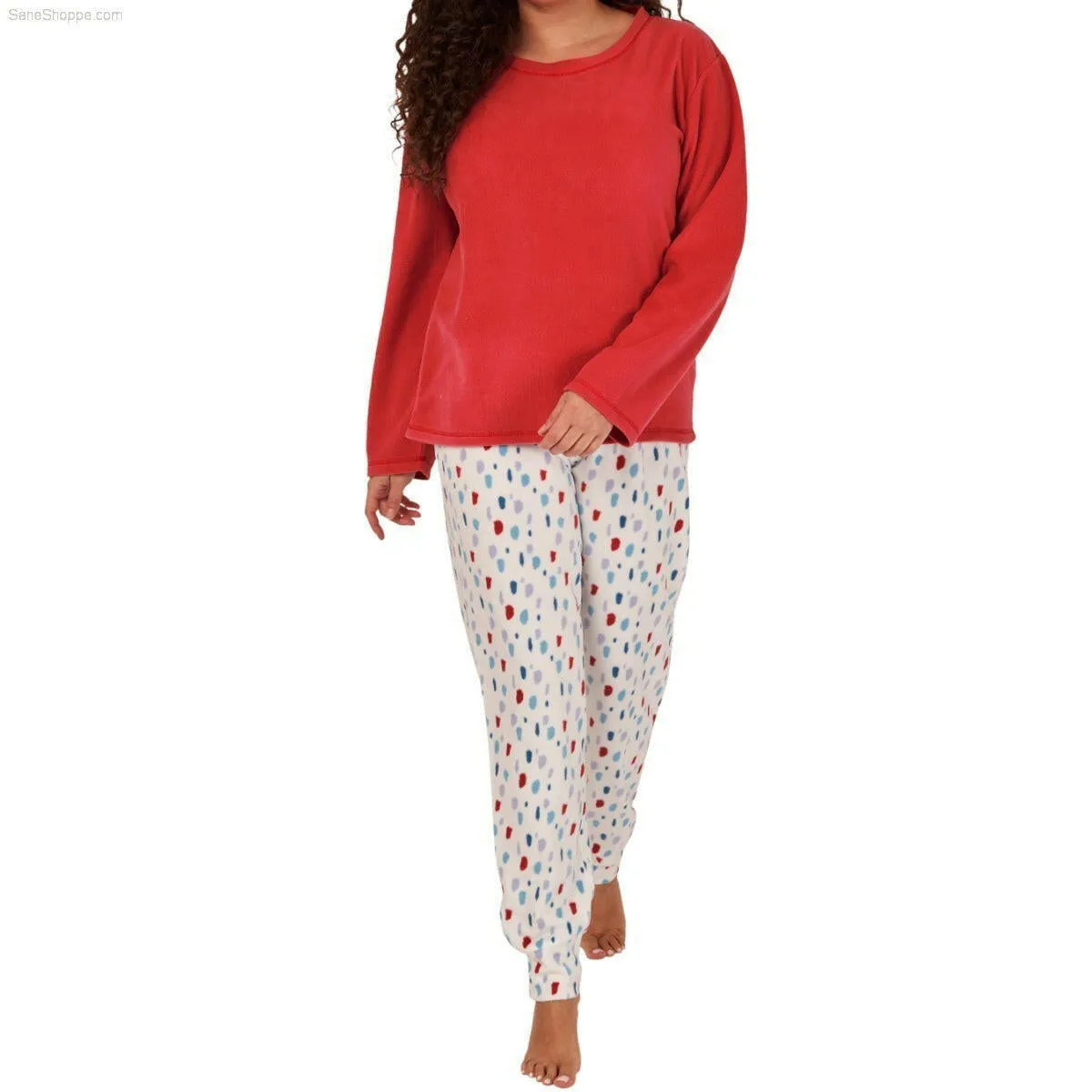 Women's Soft Thermal Fleece Pyjama Set, Long Sleeve Nightwear Spice red and Pale Turq